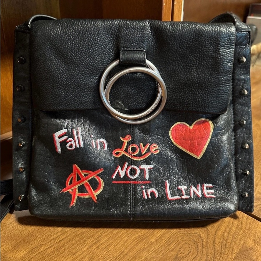 Hand painted upcycled Vintage Black Leather Crossbody Bag with added spikes